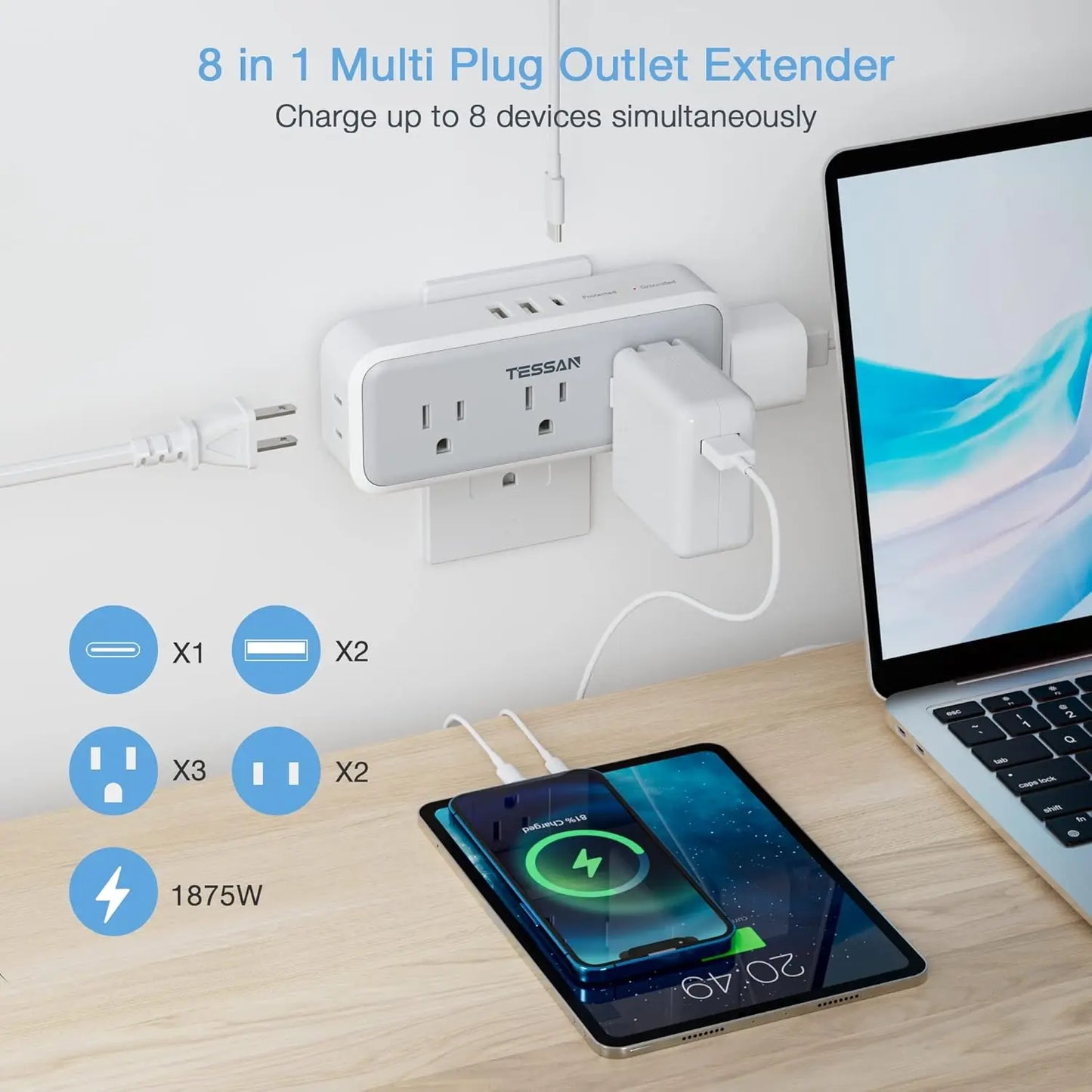 TESSAN 8-in-1 Ultra-Compact Power-Saving Wall Outlet Surge-Protector 5-Outlets USB