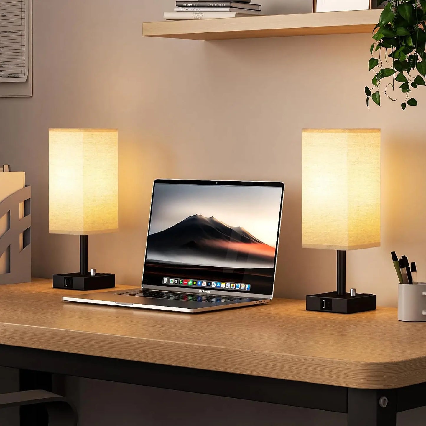 Fully Dimmable Nightstand Lamps Set of Two With USB Type C and USB Type A Ports and Dual AC Outlets