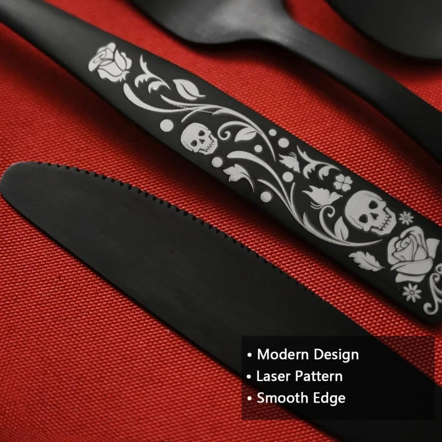 20Piece Matte Black Silverware Set for 4 Skull Rose Cultery Set 18 0 Stain Finish Stainless Steel Gothic Skeleton Pattern Decor
