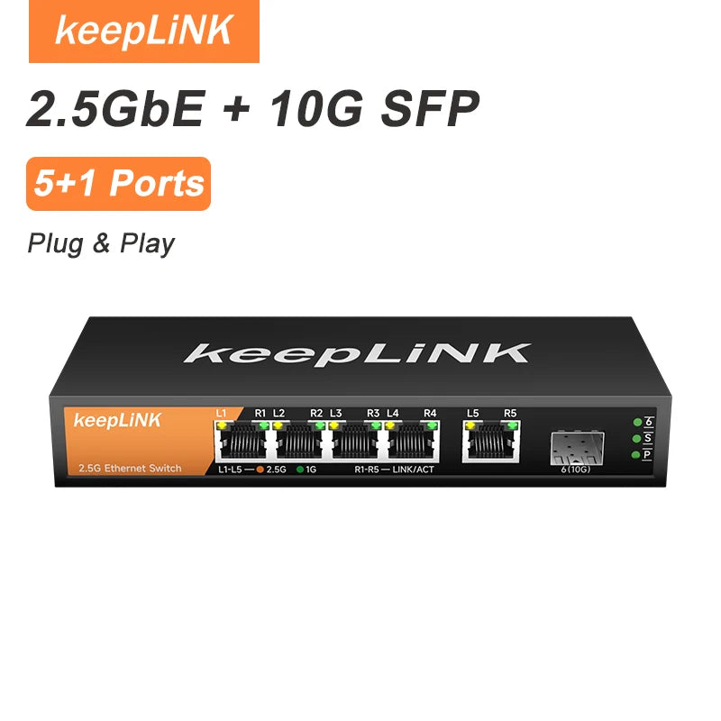 KeepLiNK 6 Port Multi Gig Unmanaged Ethernet Switch With Five 2.5G RJ45 Ports And One 10G SFP Plus Uplink
