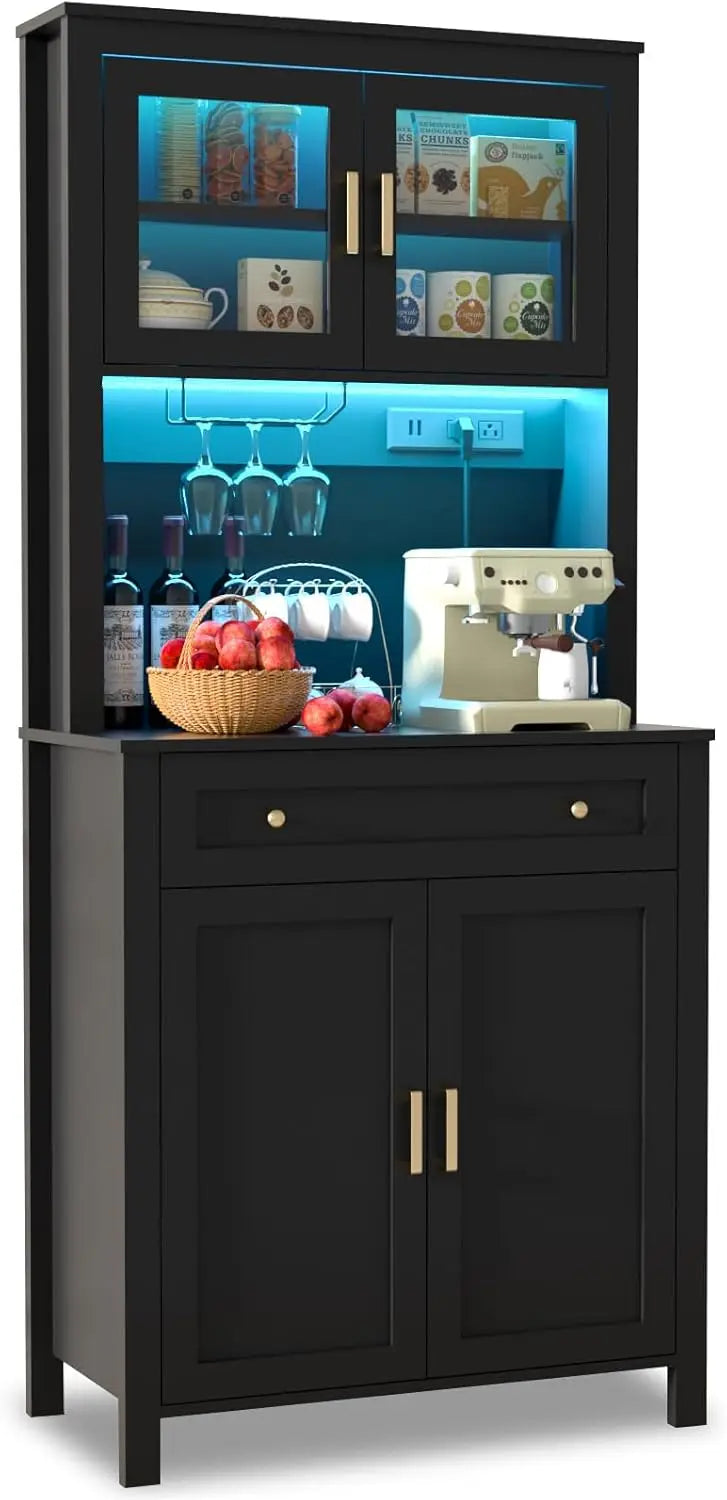 Black Kitchen Pantry Cabinet with LED Light, Power Outlets & Microwave Shelf, 72' Storage Cabinet