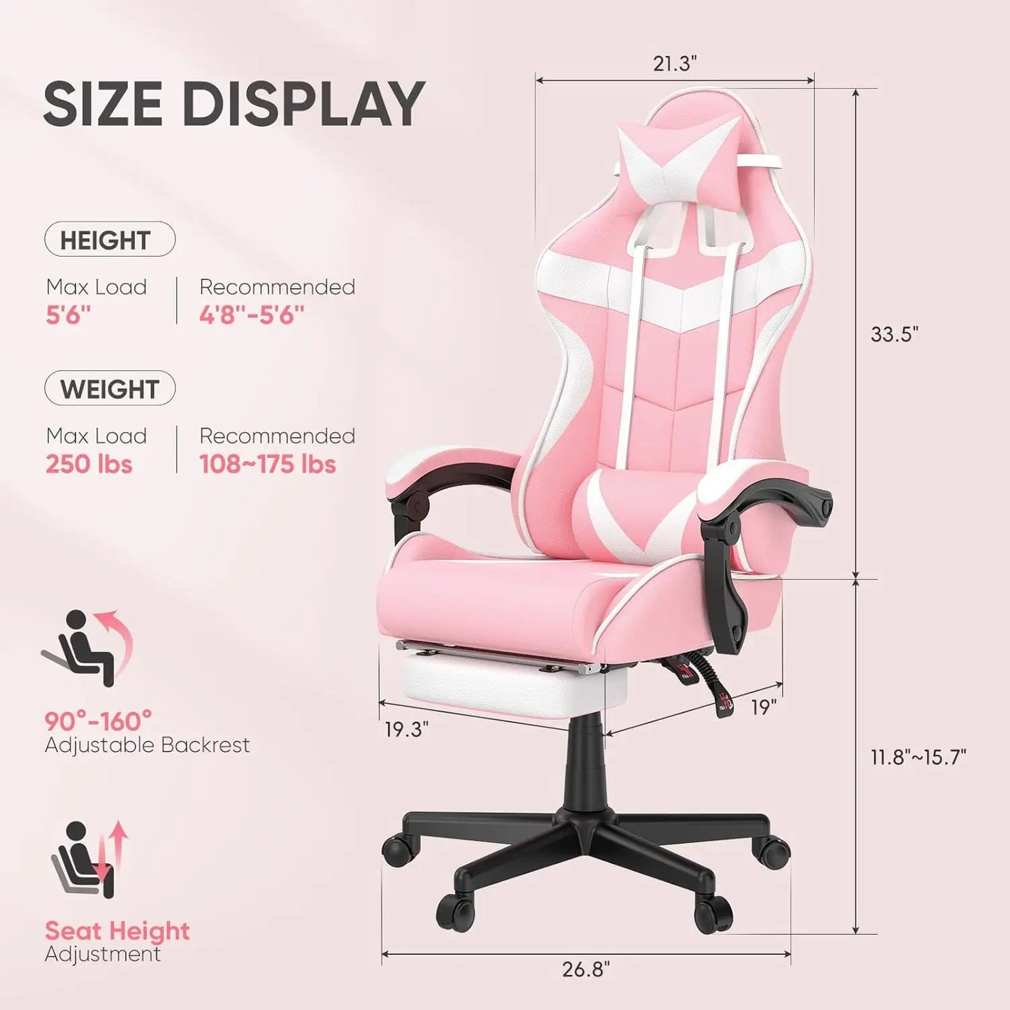 Pink Ergonomic Gaming Chair with Bunny Ears Footrest Headrest Lumbar Support for Home Office PC, Customized