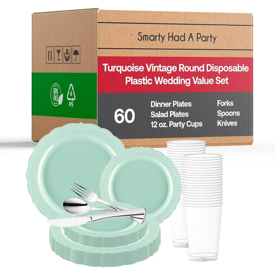 360 Piece Turquoise Plastic Dinnerware Set for 60 Guests, Includes Plastic Plates, Silverware Set, Clear Cups, Disposable Plates