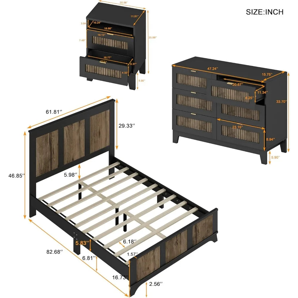 MKDK Premium EngineeredWoodPlatformConstruction BedSetWithNightstands AndDresser
