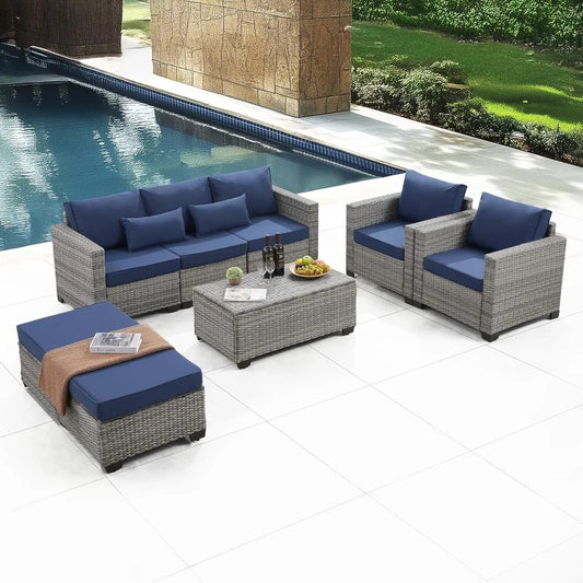 6 pieces outdoor patio furniture sets with furniture cover, pe rattan wicker patio conversation set with tea table (royal blue,
