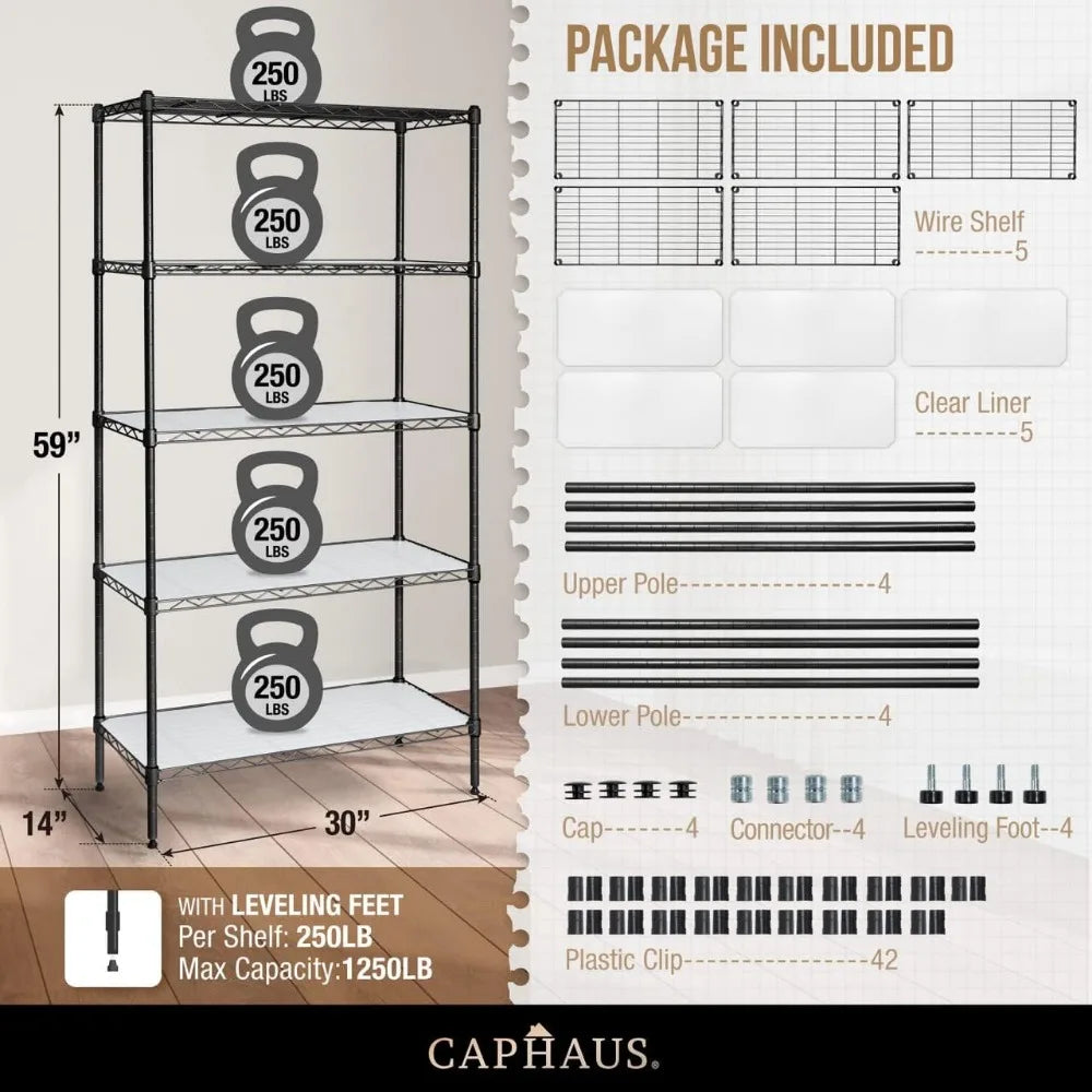Adjustable 5 Tier Wire Shelving Unit With Liners For Garage Basement Storage Solutions