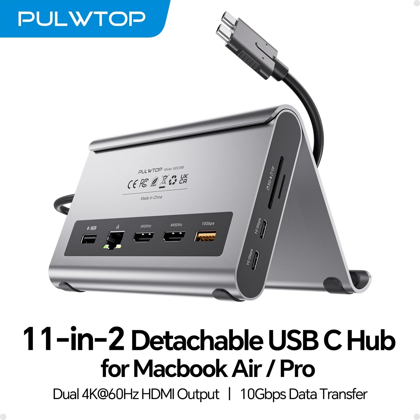 PULWTOP USB C Docking Station 11 In 1 With Dual 4K HDMI 60Hz Outputs 2 USB C 10Gbps Ports And Power Delivery