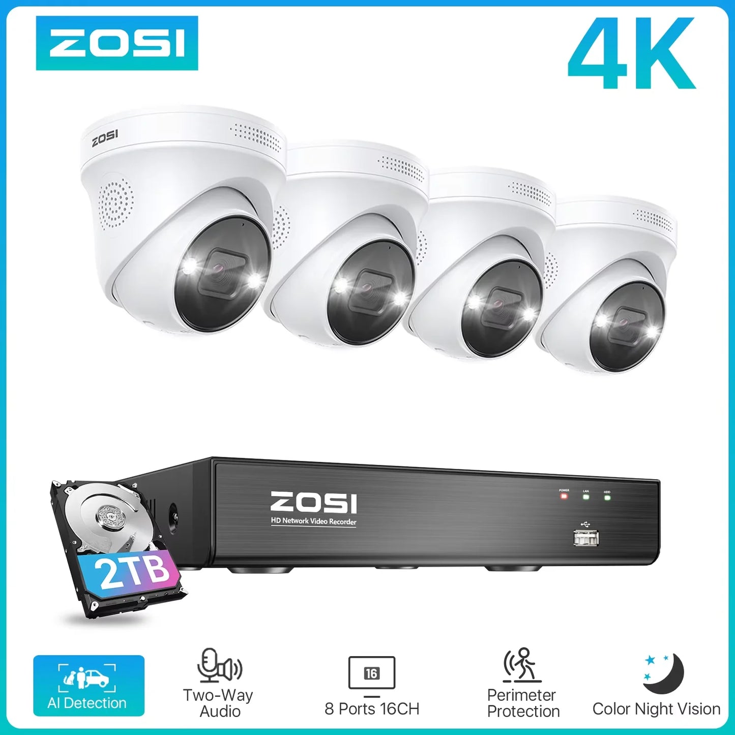 ZOSI 4K 8MP PoE Surveillance Kit System 8 Channel NVR AI With Weatherproof Cameras And Smart Alerts