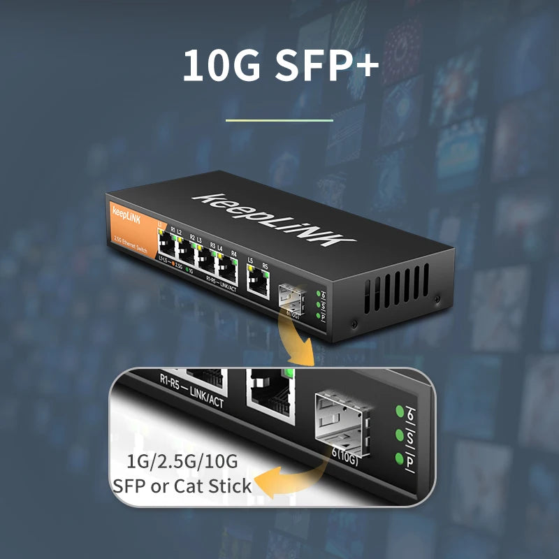 KeepLiNK 6 Port Multi Gig Unmanaged Ethernet Switch With Five 2.5G RJ45 Ports And One 10G SFP Plus Uplink