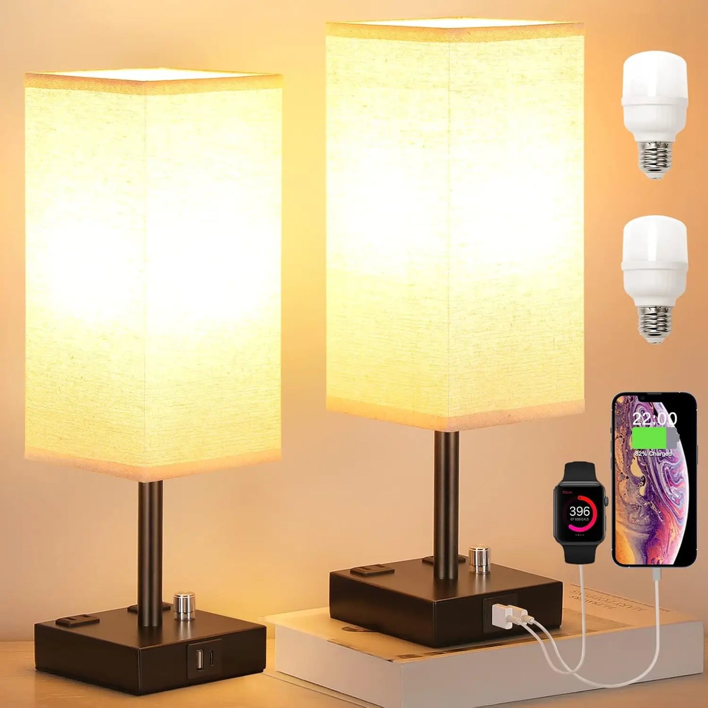 Fully Dimmable Nightstand Lamps Set of Two With USB Type C and USB Type A Ports and Dual AC Outlets