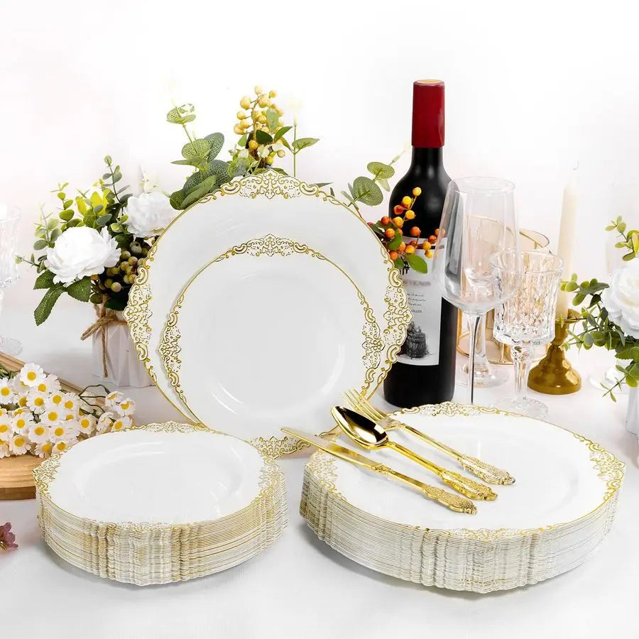 XMSJ Disposable Plastic Plates Party Set for 100 Guests