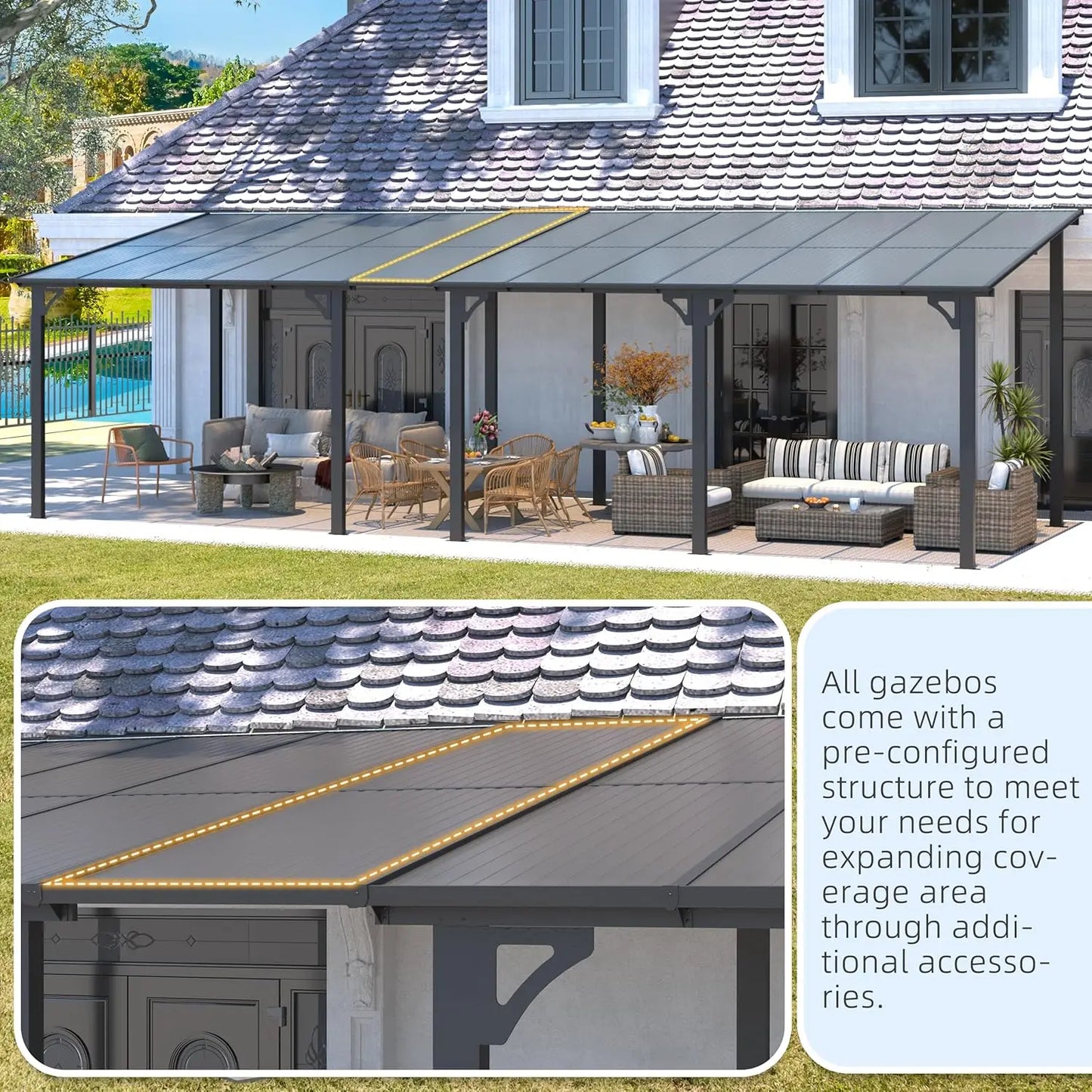 Hard Top Gazebo Pergola Wall Mounted Steel Roof