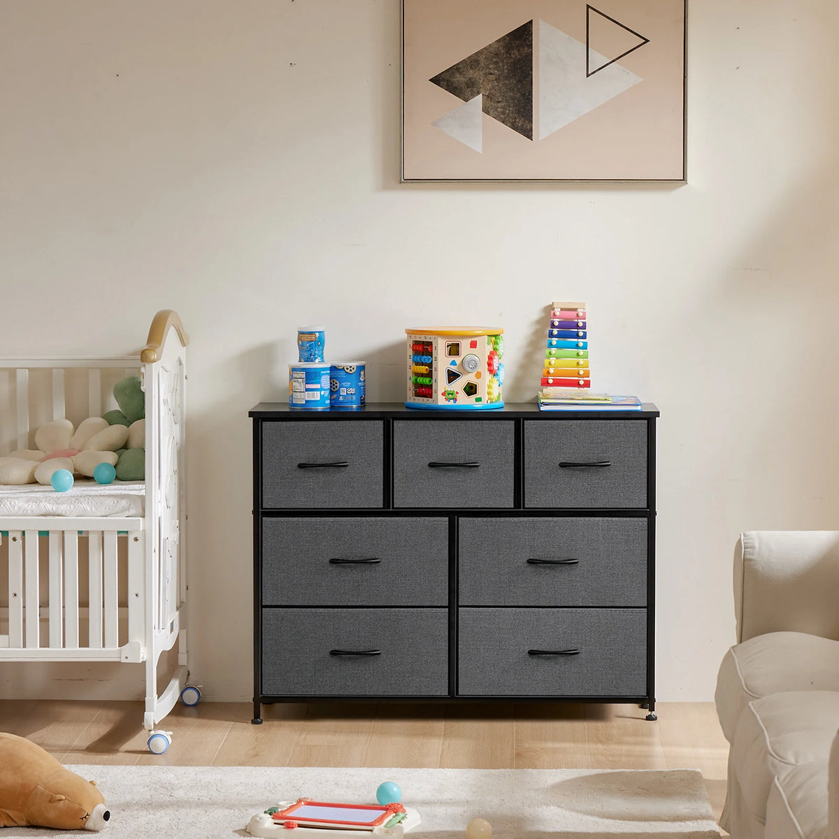 Six Compartment Fabric Storage Cabinet Organizer With Wooden Top Metal Frame