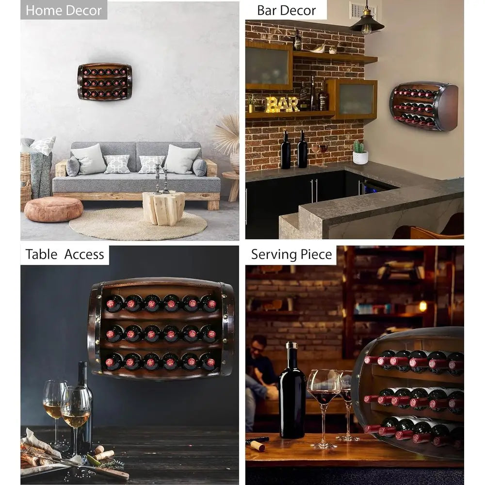 Mounted Wall Wine Rack - 18 Wine Bottles Wooden Barrel Wine Rack, Hanging or Freestanding Floor Wine Holder, Liquor Bar Shelves,