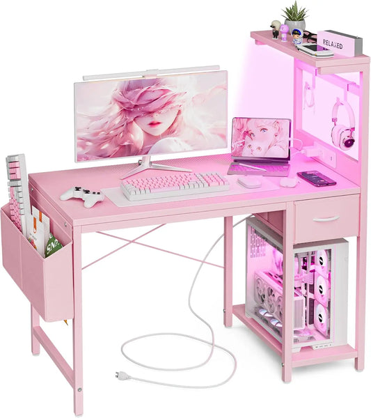 40-inch Gaming Desk with Power Outlet, LED Lights, Reversible Shelves, and Storage Drawer for Home Office