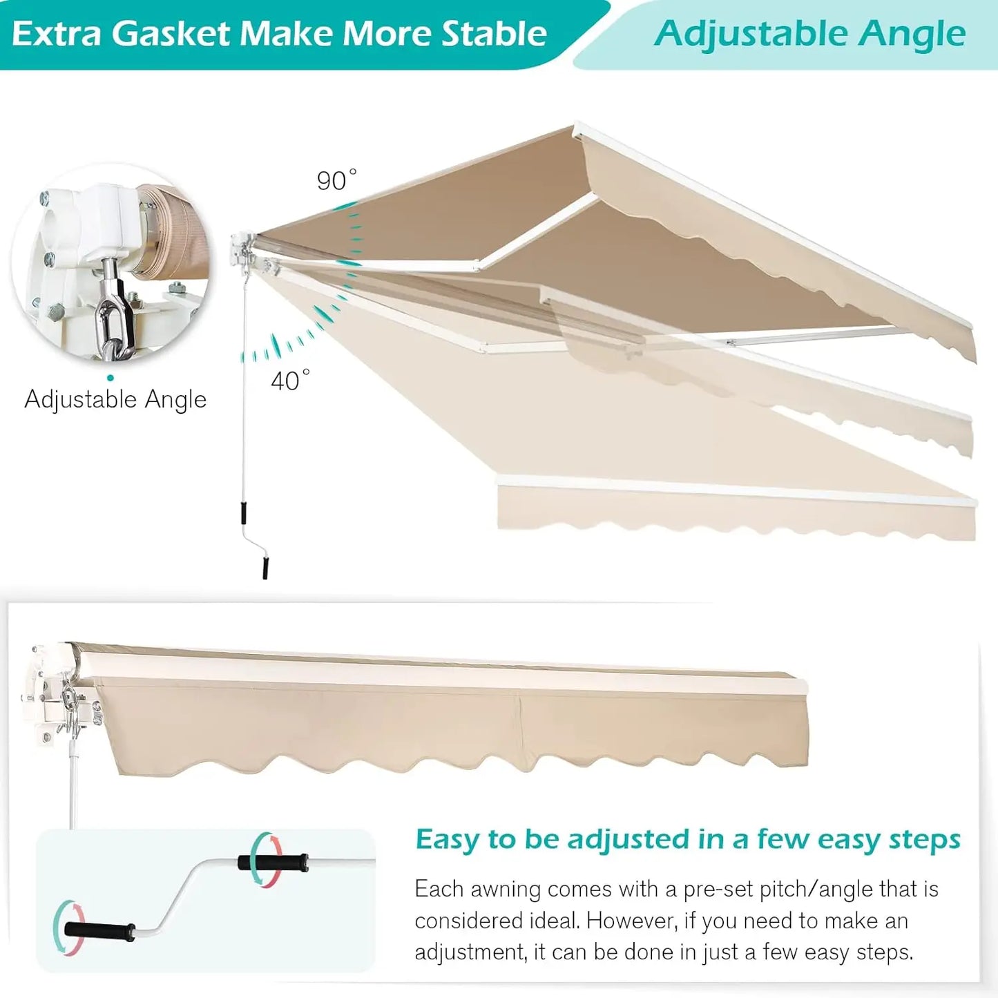 Retractable Patio Awning Shade Canopy 13x10 Ft 280GSM Oxford Polyester UPF50 UV Protection Windproof