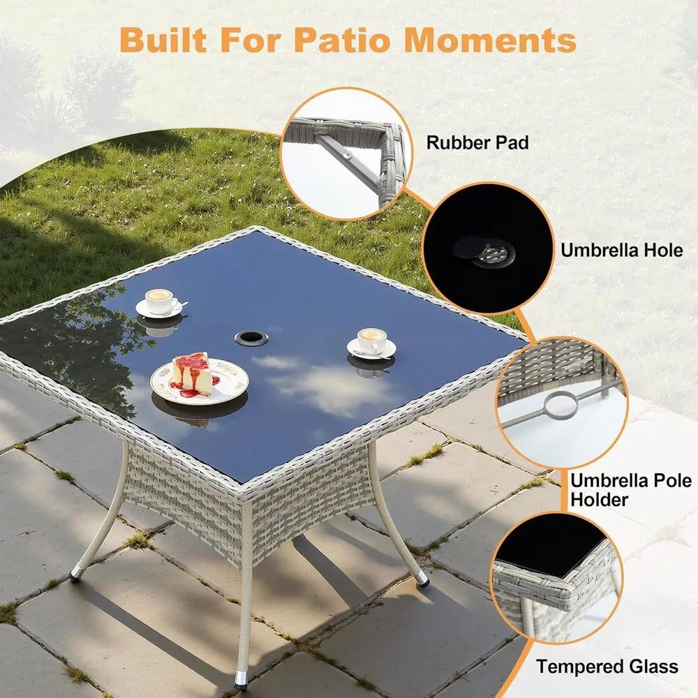 8-Seat Patio Dining Set with Square Glass Table and Wicker Chairs, Expandable for Outdoor Gatherings, Suitable for Backyard, Dec