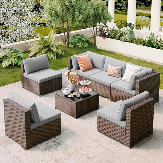 7 Pieces Outdoor Patio Furniture Set, PE Rattan Outdoor Wicker Sectional Furniture Sofa Set, with Cushions and, Customized