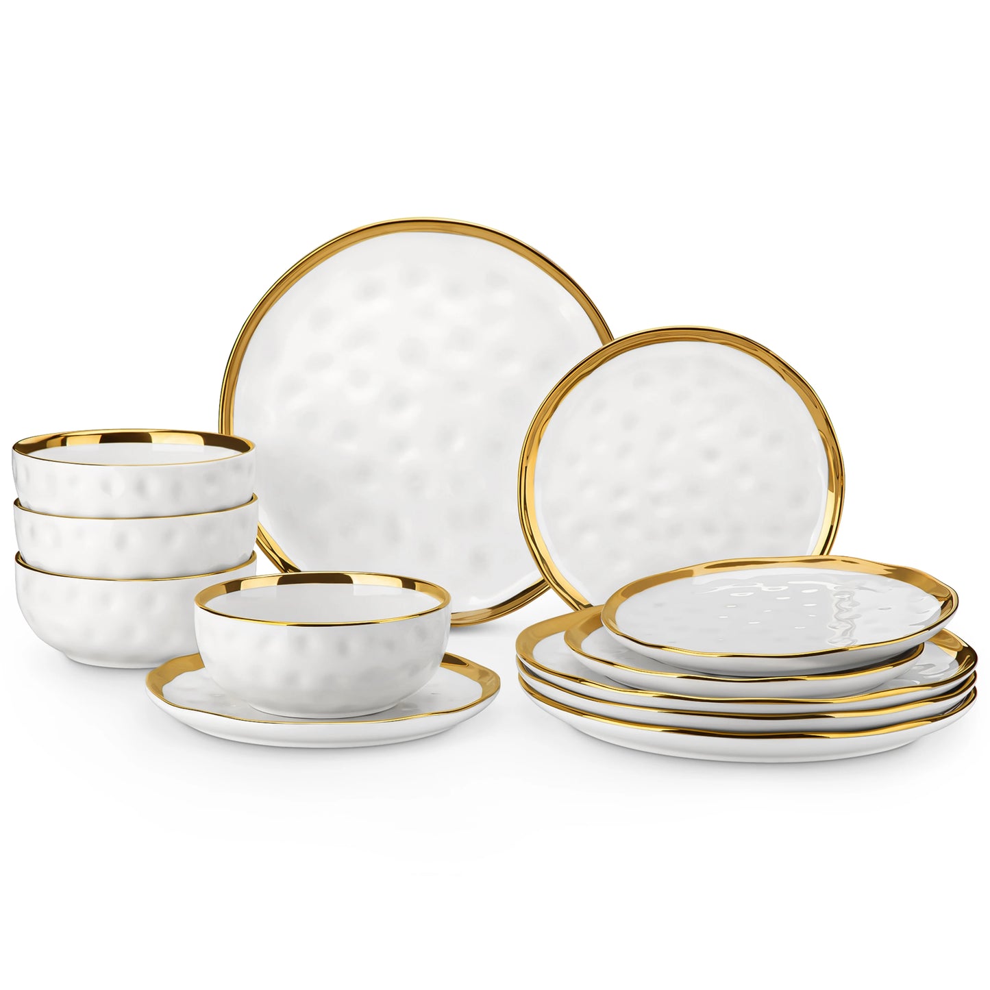 LOVECASA 12/24 Piece Ceramic Porcelain White and Golden Rim Dinnerware Sets With 4/8 PCS Dinner Plate/Dessert/Cereal Bowl for 4