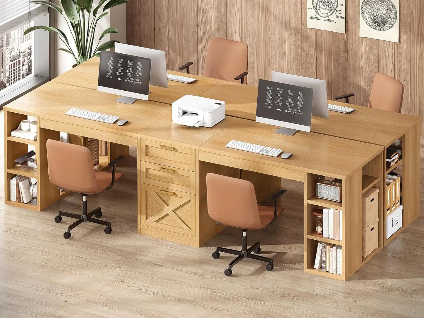 Farmhouse Office Desk For Two With Drawers And Printer Stand 96.5 Inch Wide Double Work Surface