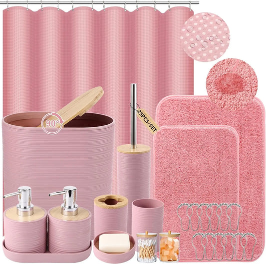 Pink Bathroom Accessories Set with Shower Curtain, Rugs, and 25 Pieces for Complete Decor