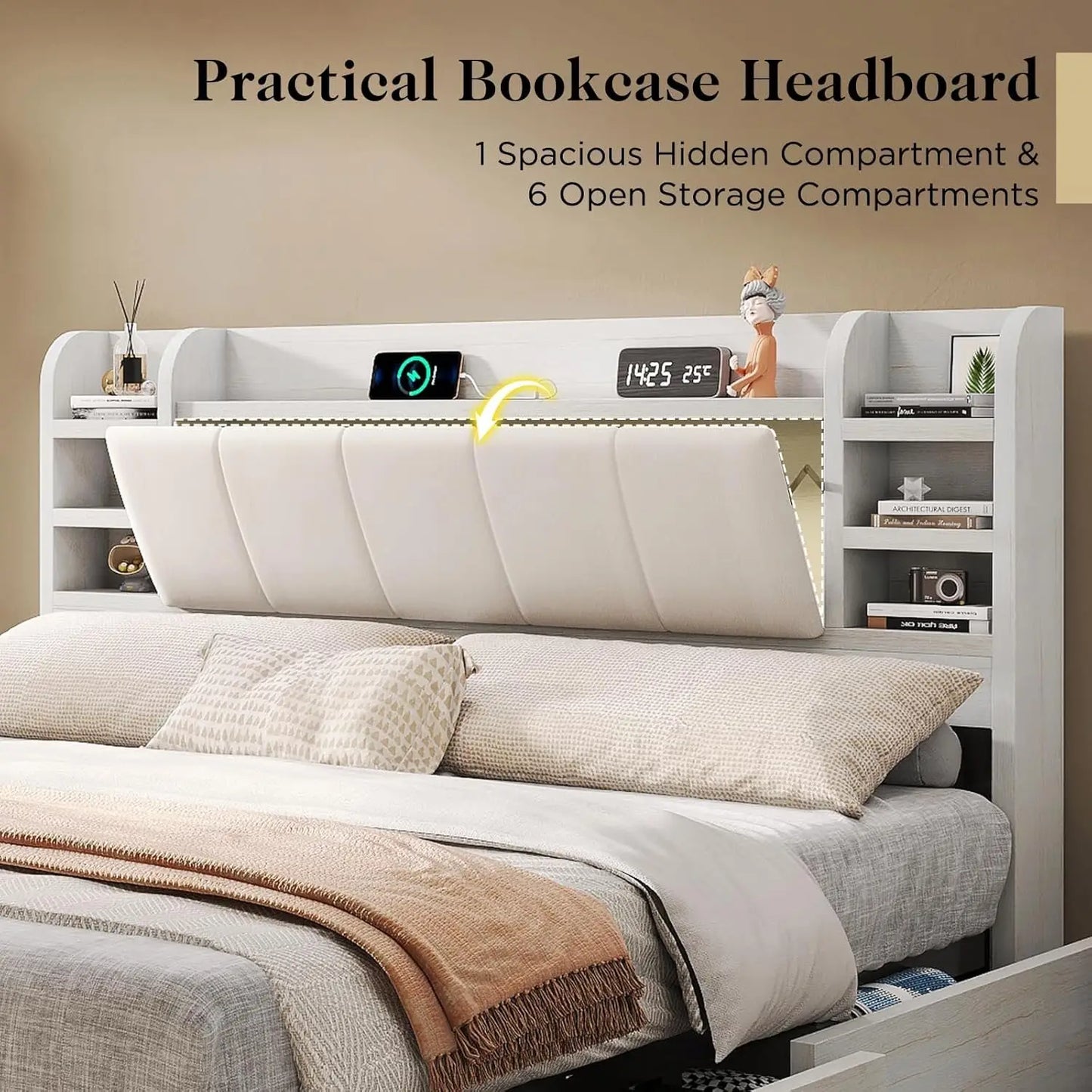 Storage Bed Frame With Charging Station And Bookcase Headboard With Hidden Storage Six Shelves Under Bed Storage
