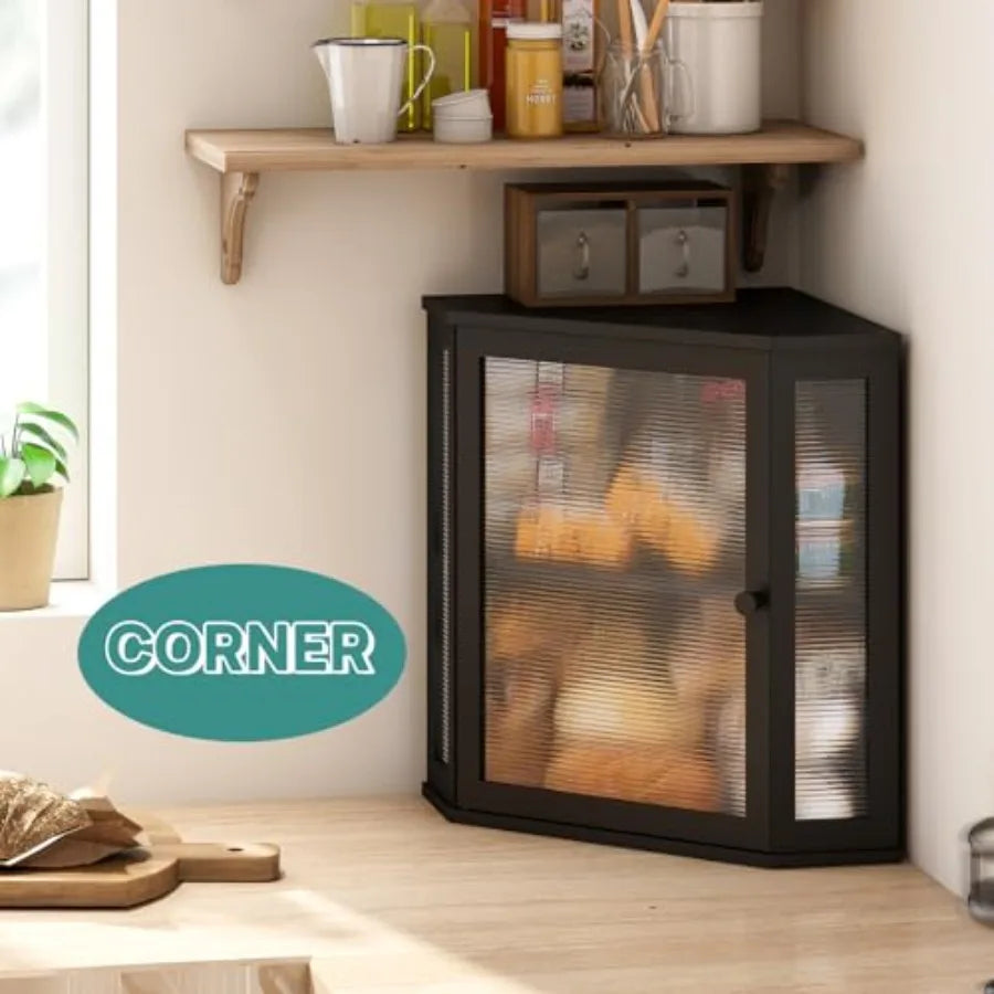Corner Bread Box Bamboo Wood With Acrylic Wavy Door For Space Saving Kitchen Organization