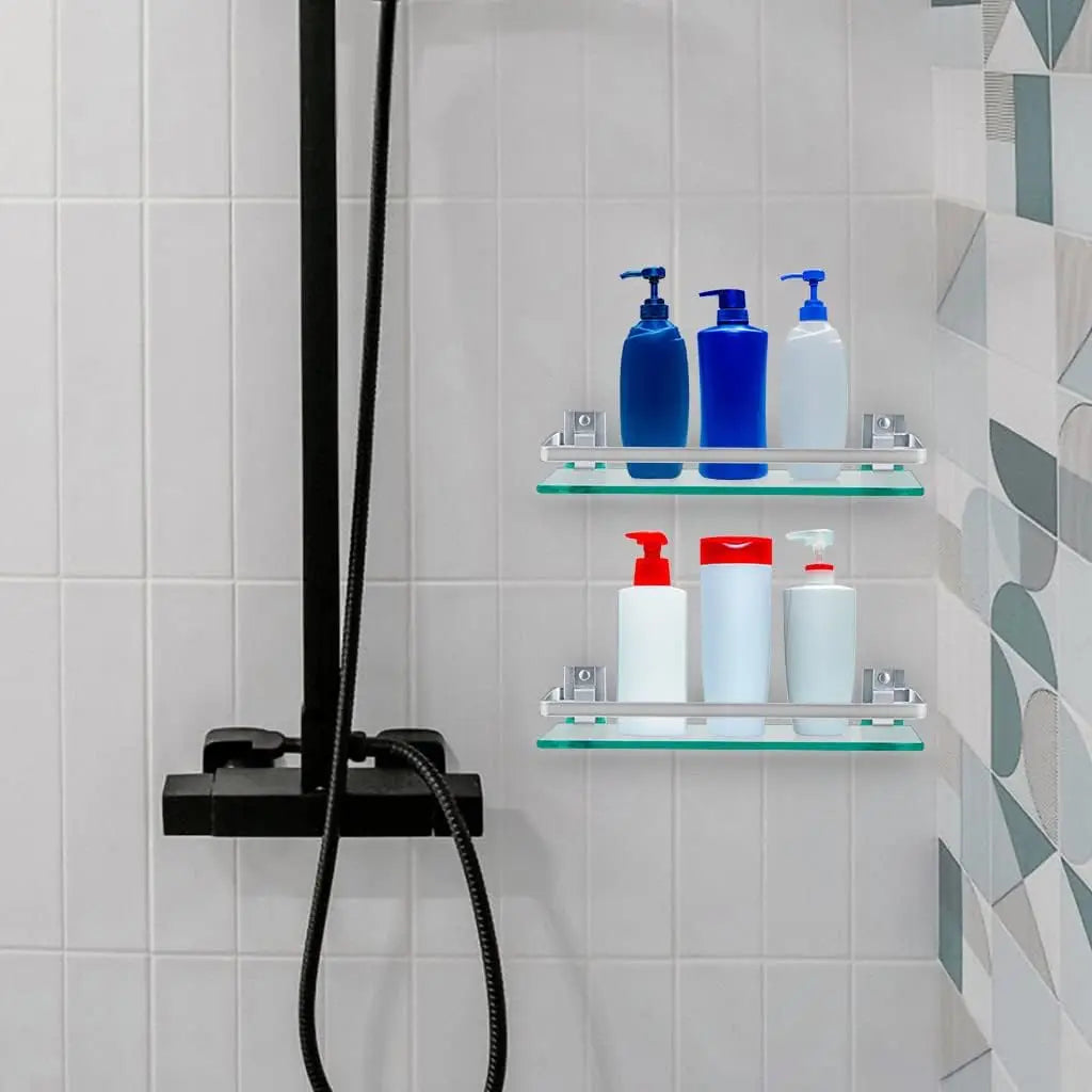2-Pack Tempered Glass Bathroom Shelf with Rail, 15" x 4.5" Rectangular Shower Caddy, Wall Mounted Floating Shampoo Holder for La