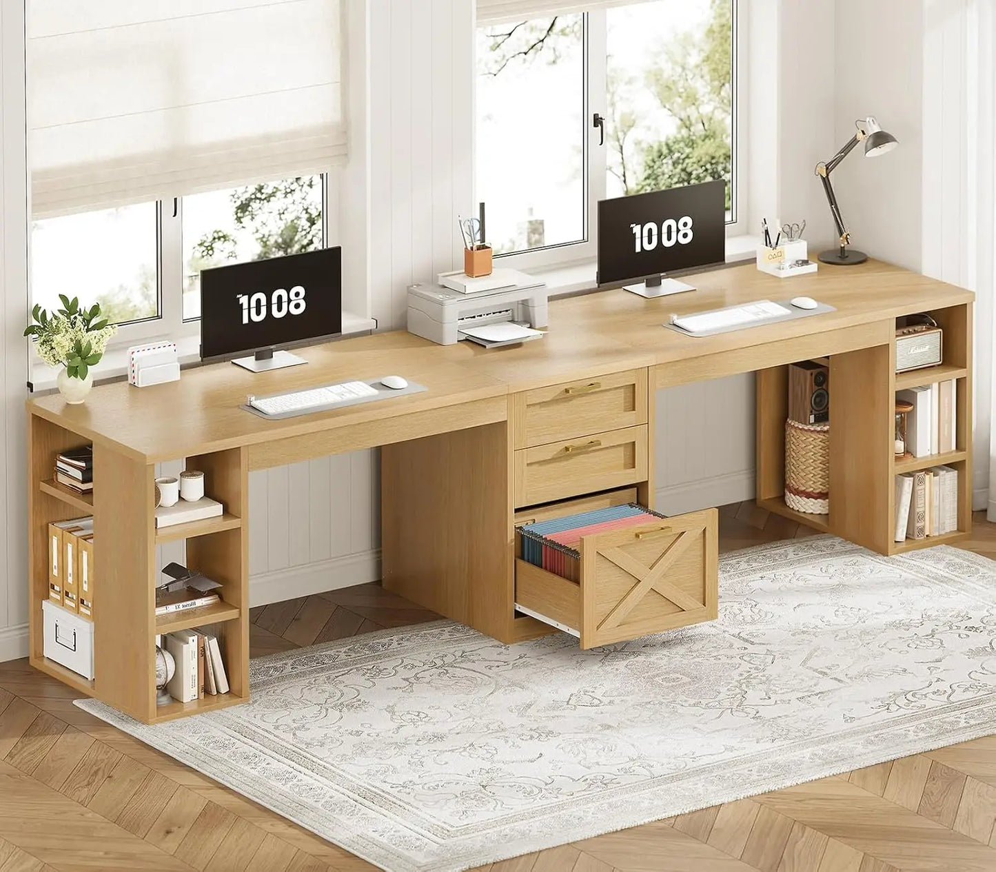 Farmhouse Office Desk For Two With Drawers And Printer Stand 96.5 Inch Wide Double Work Surface