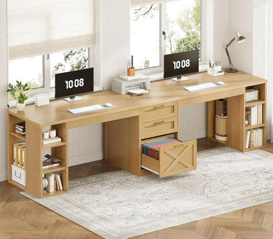 Farmhouse Office Desk For Two With Drawers And Printer Stand 96.5 Inch Wide Double Work Surface