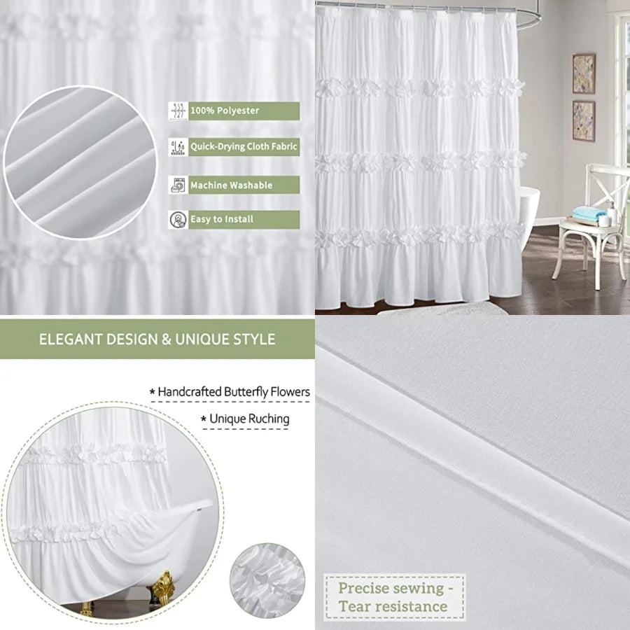 Victorian Ruffle Shower Curtain Ruched Bow Tie Polyester Knit Bath Curtain For Timeless Classic And Modern Decor