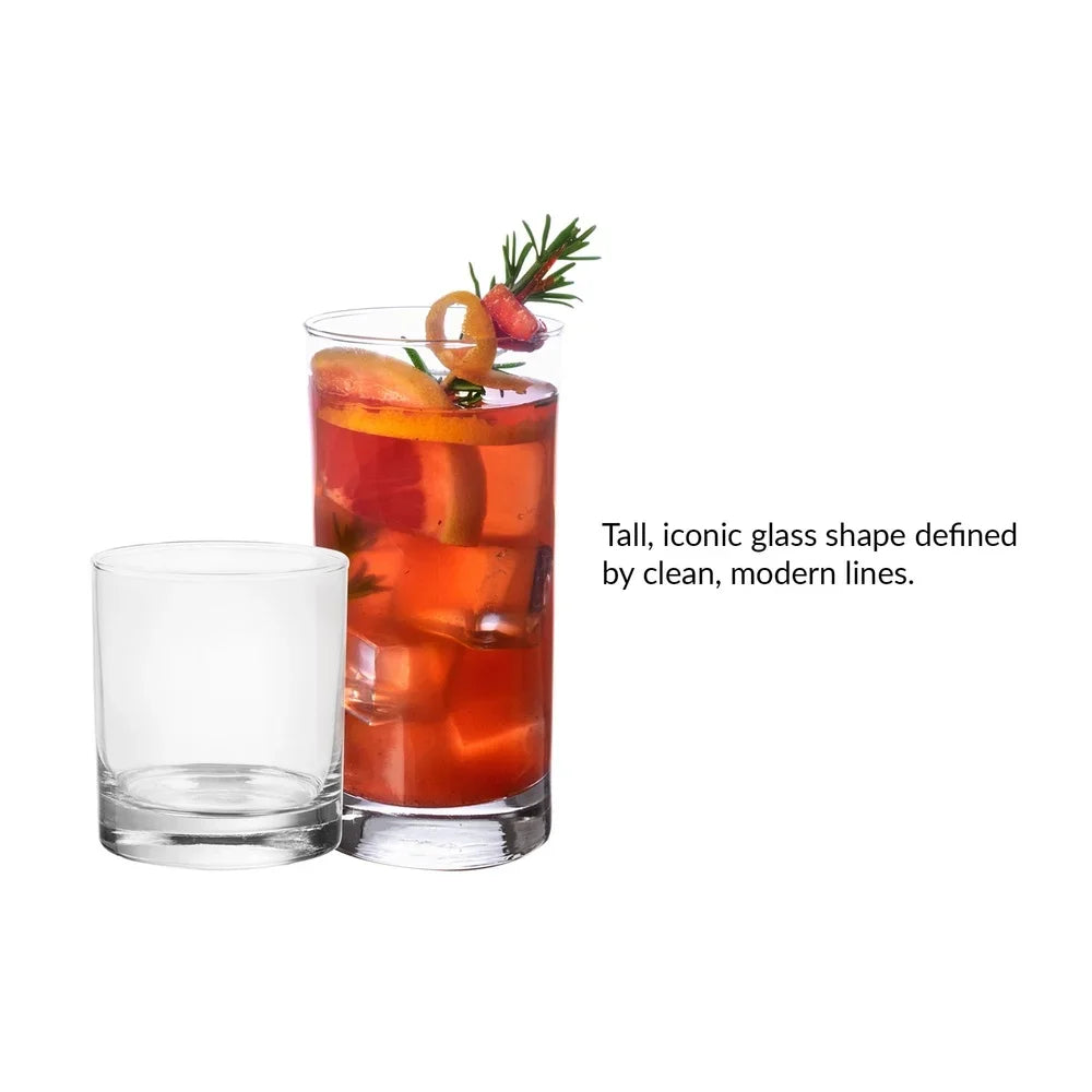 12 Piece Clear Glass Drinkware Set With Six 16 Ounce Cooler Glasses And Six 11 Ounce Rock Glasses For Juices And Water