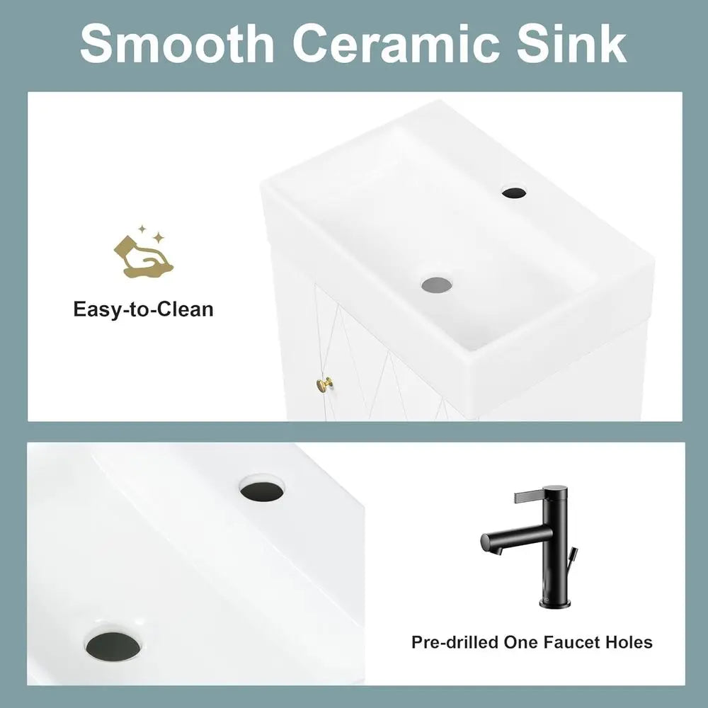 20 Floating Wall-Mounted Bathroom Vanity with Ceramic Sink, Adjustable Shelf, Toilet Paper Holder, Modern Style, Door with Diamo