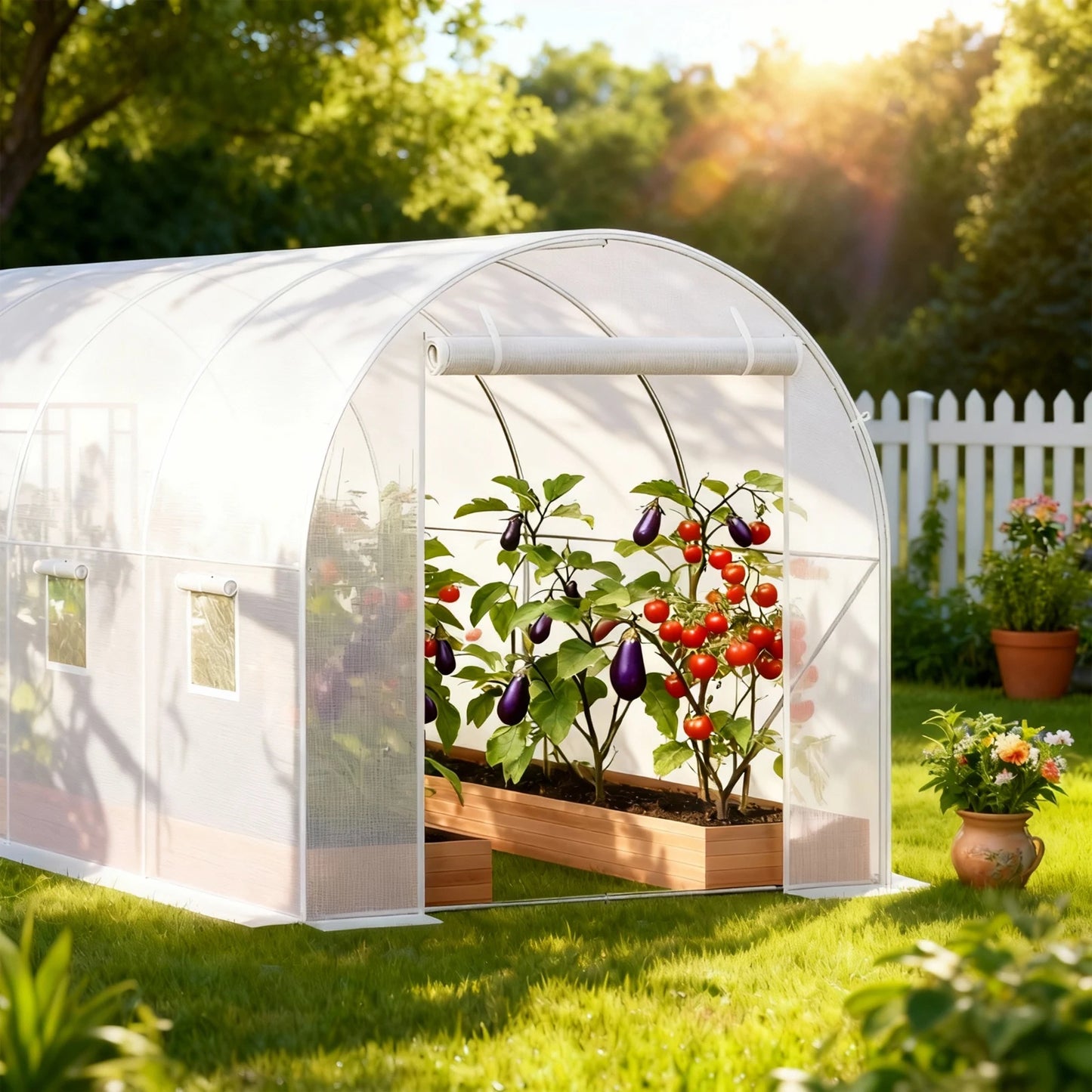Outdoor Greenhouse Walkin Tunnel With Screen Door and Zipper