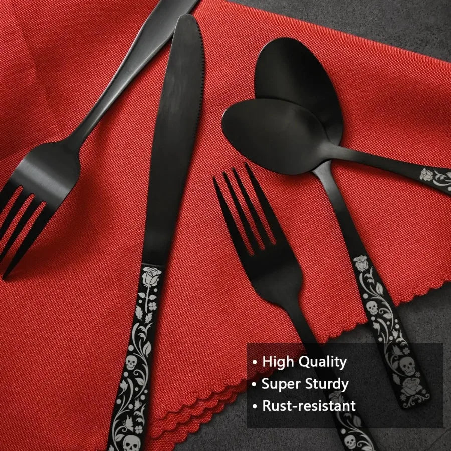 20Piece Matte Black Silverware Set for 4 Skull Rose Cultery Set 18 0 Stain Finish Stainless Steel Gothic Skeleton Pattern Decor