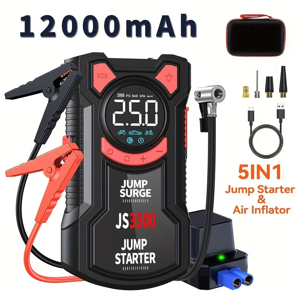 5 In 1 Jump Starter And Air Pump With Digital Tire Inflator For Cars And SUVs Portable Emergency Kit