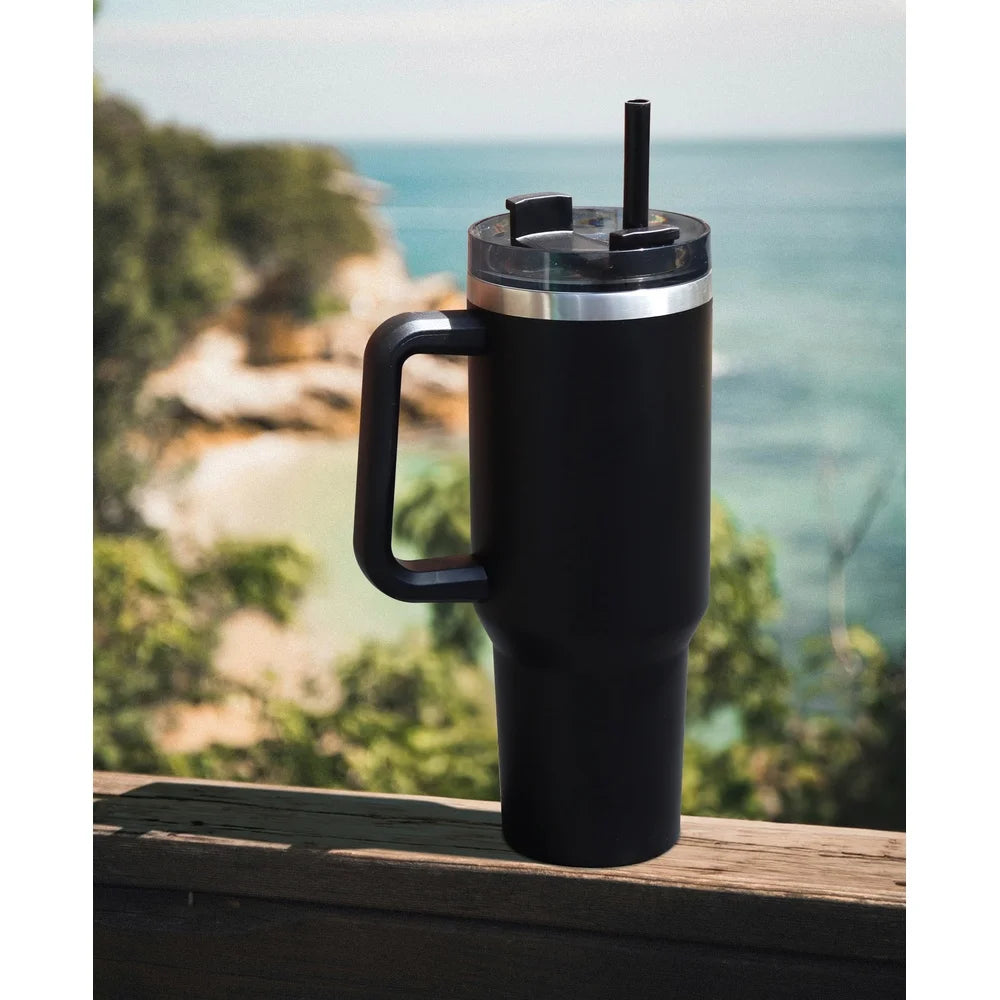 NONEDrinkware Stainless Steel Tumbler With Straw Handle DoubleWalledInsulatedHydration