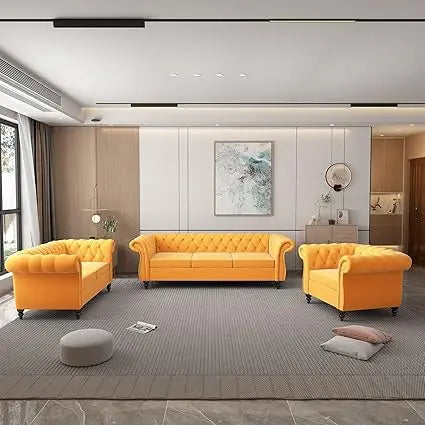 DAFIFY Velvet Chesterfield Living Room Set With Nailhead Three Piece Sofa Loveseat Chair