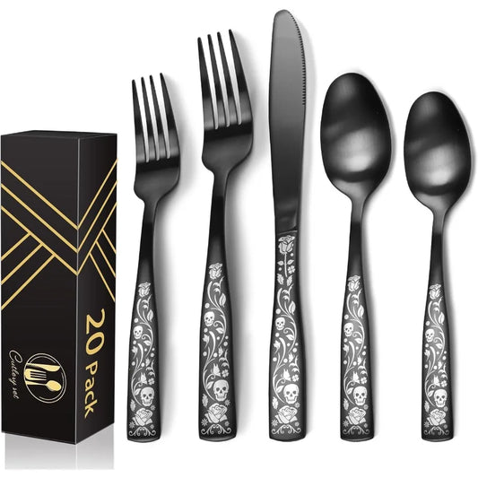 20Piece Matte Black Silverware Set for 4 Skull Rose Cultery Set 18 0 Stain Finish Stainless Steel Gothic Skeleton Pattern Decor