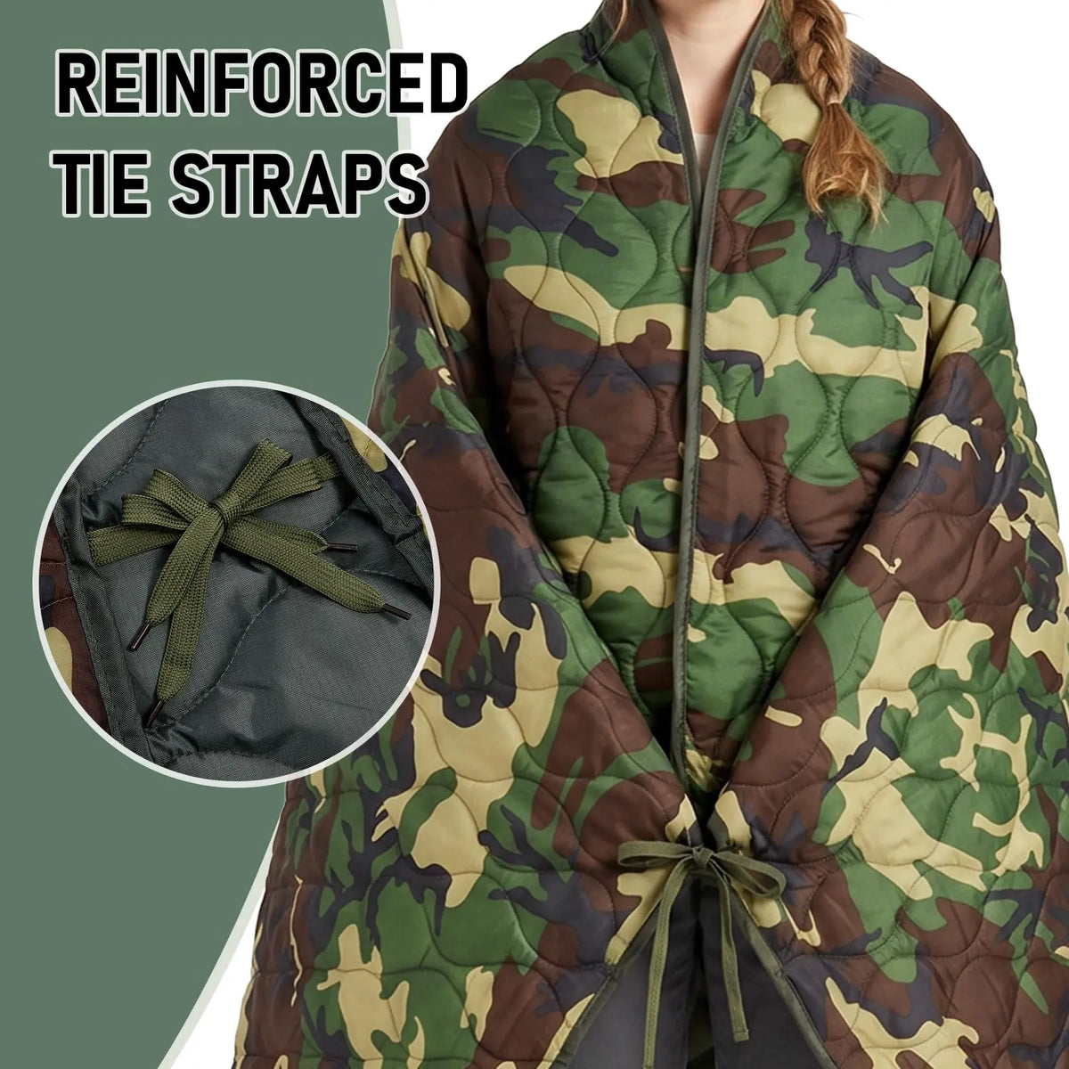 Portable Quilted Camping Blanket Green Camo Survival Poncho Liner】【。