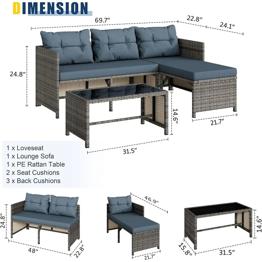 Patio Furniture Sets, All-Weather Wicker Outdoor Sofa Couch Sectional Set, Small Conversation Set or Patio, Garden with Cushion,