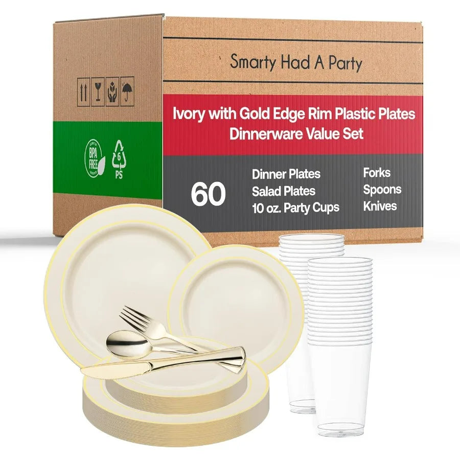 Combo Plate Set (Ivory with Gold, Wedding Value Set (60 Guests))