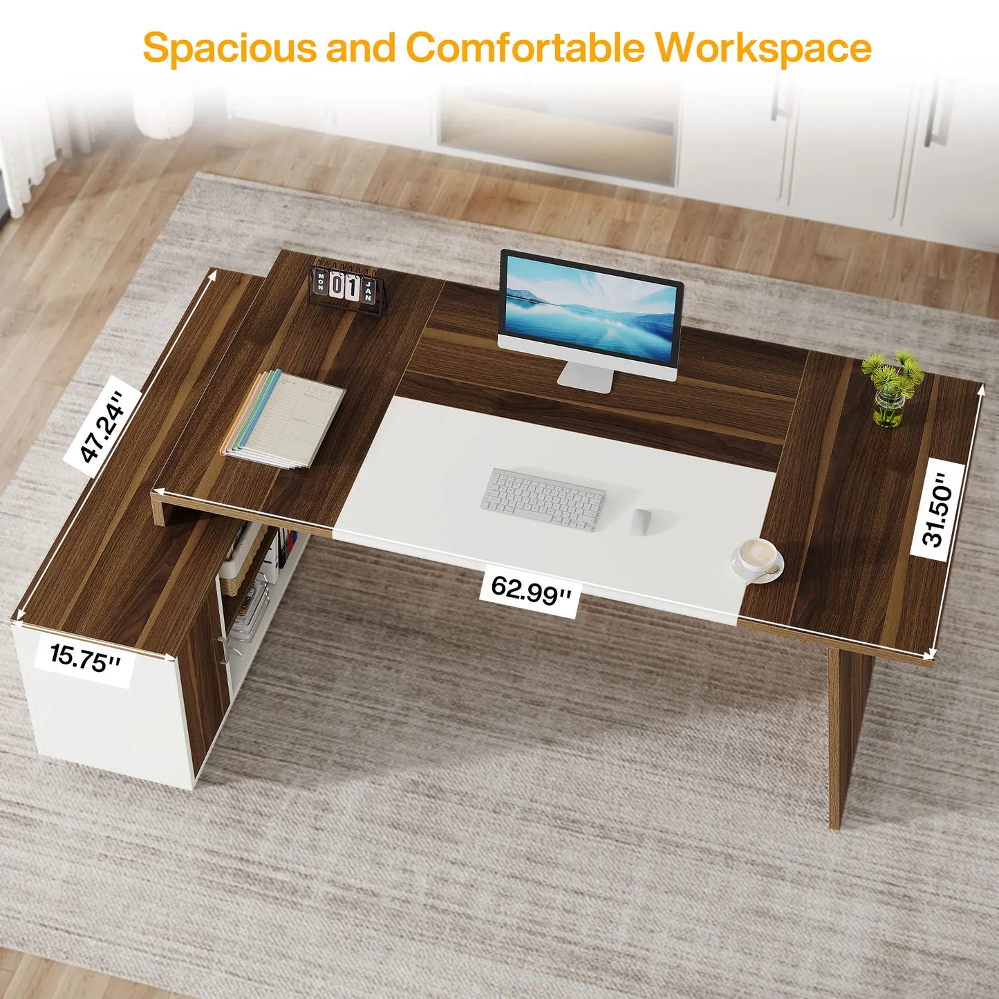 Tribesigns L-Shaped Executive Office Desk, 70.5-Inch Mid-Century Modern Executive Desk with Storage Cabinet and Shelves