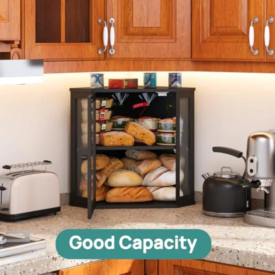 Corner Bread Box Bamboo Wood With Acrylic Wavy Door For Space Saving Kitchen Organization