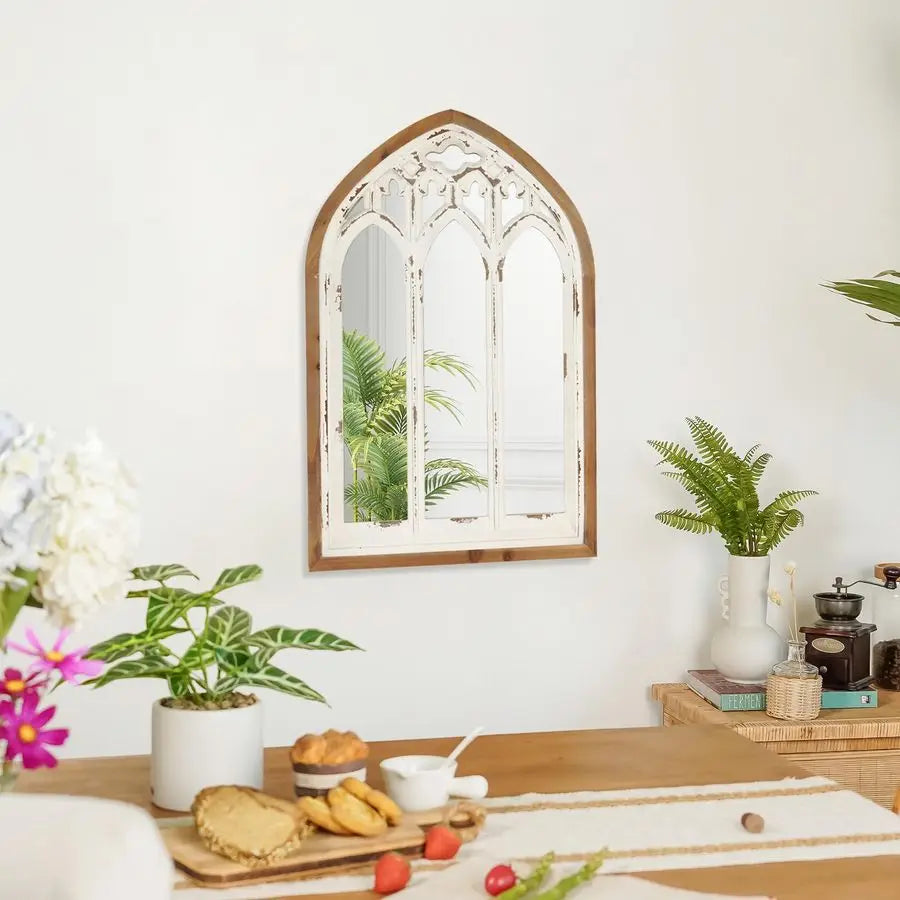 Cathedral Farmhouse Window Wall Mirror With Wooden Frame