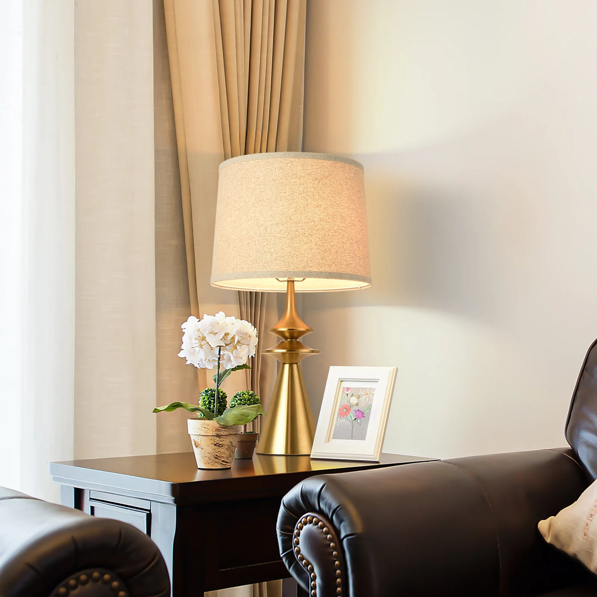 24 Inch Modern Gold Metal Table Lamp With White Fabric Shade For Bedroom and Living Room