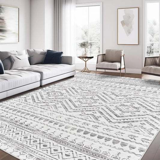 8x10 Washable Non-Slip Moroccan Area Rug for Living Room Bedroom Dining Room Soft Low Pile Indoor Carpet Foldable Grey