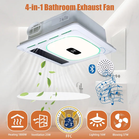 4-in-1 Bathroom Exhaust Fan with Bluetooth Speaker 1800W Heater 180 CFM Quiet Ventilation Easy Install for Home