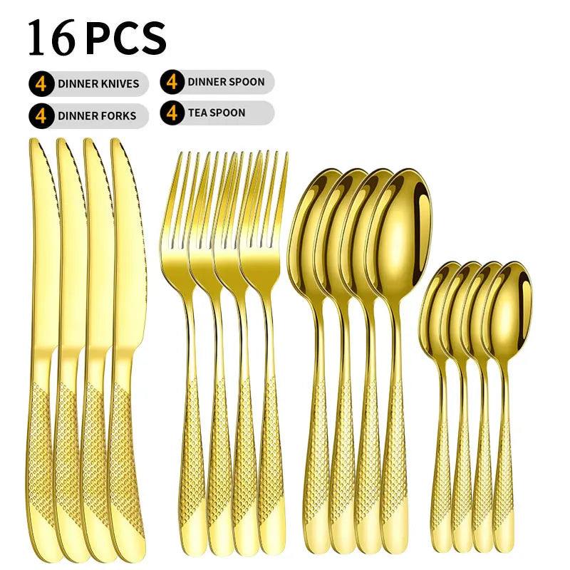 Pioggia Stainless Steel Cutlery Set For Four Person Everyday Dining With Silver Gold Coating And Mirror Bullion Finish