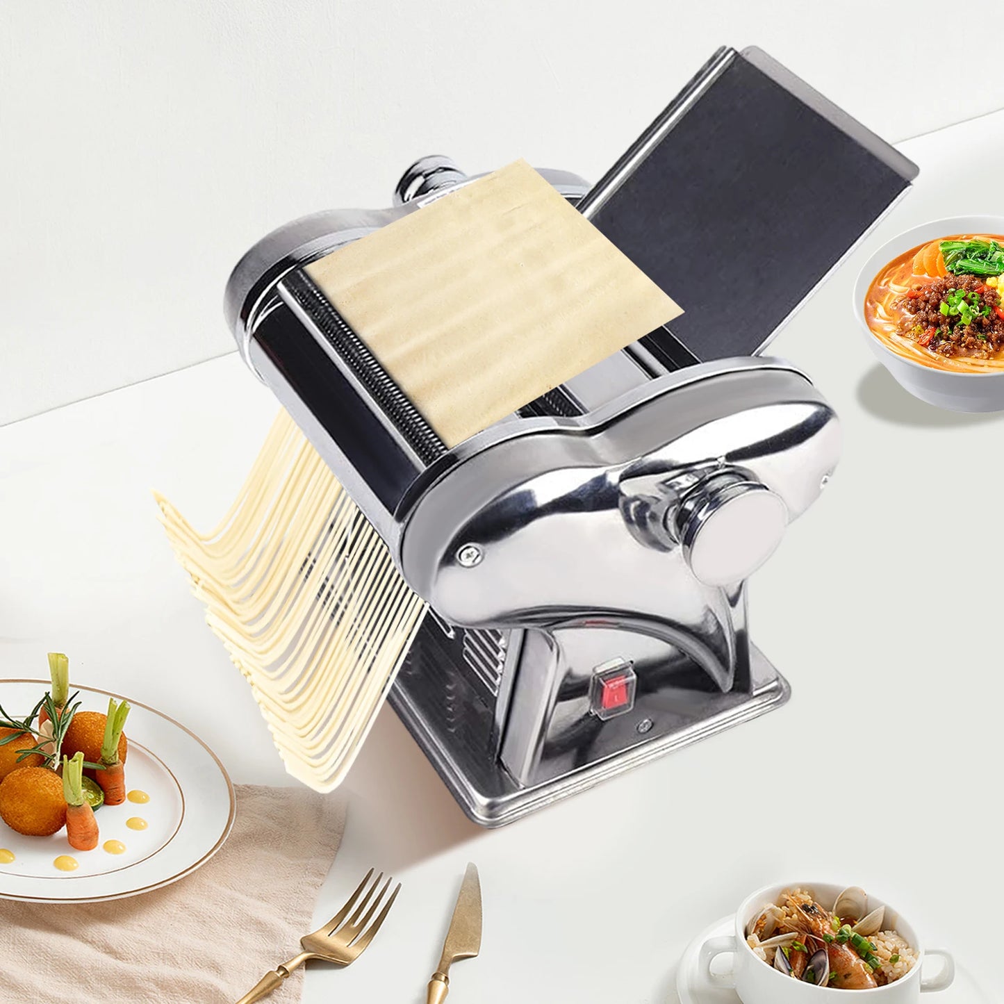 110V 135W Powerful Motor Automatic Noodle Machine, Fresh Pasta Dough Roller,410 Stainless Steel Electric Pasta Maker